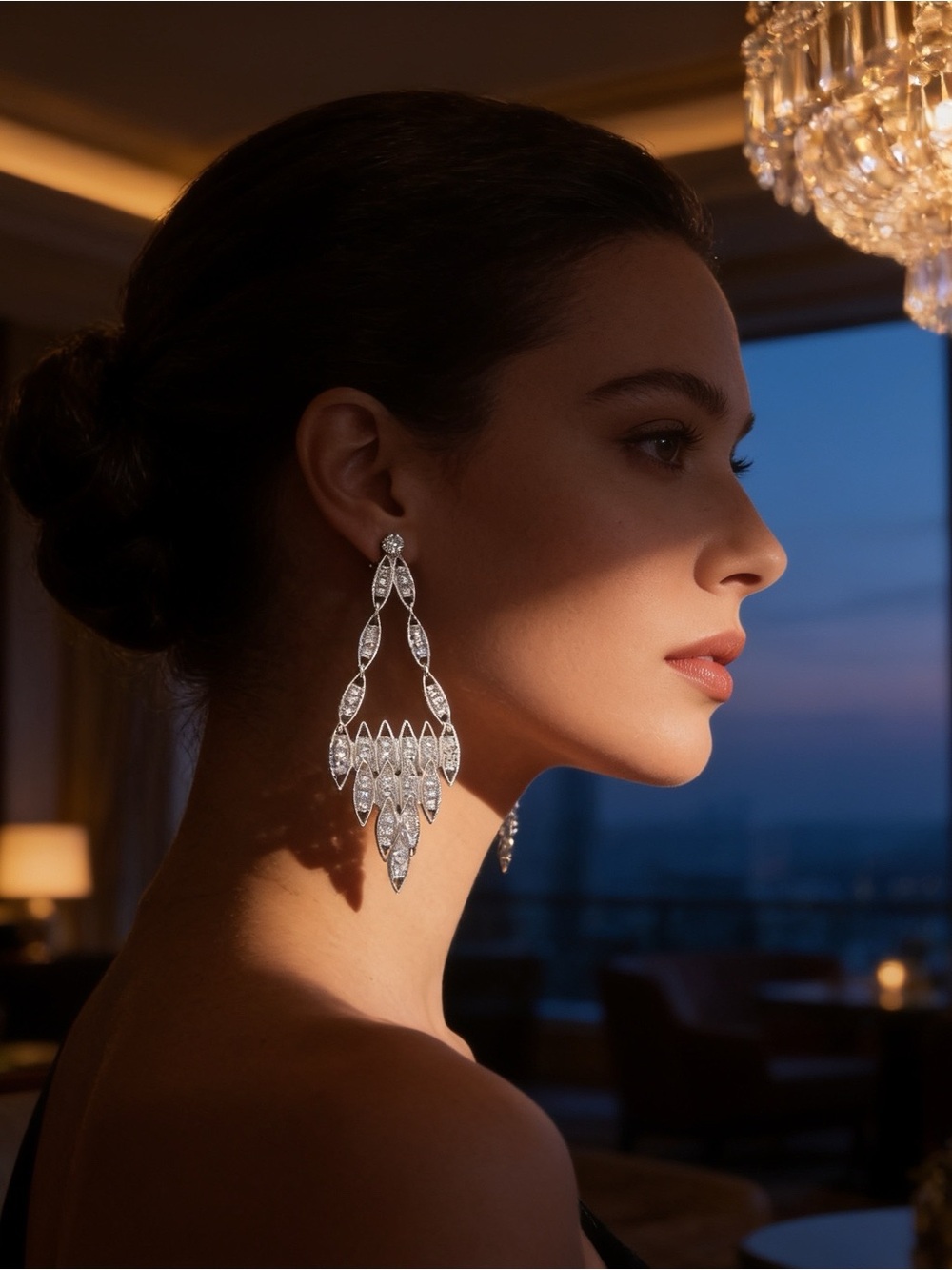 White Gold Diamond Chandelier Bridal Dangle Earrings Marquise Leaf Design